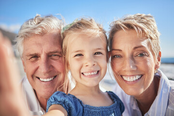 Portrait, family and selfie for summer holiday, vacation and travel adventure. Happy grandparents,...
