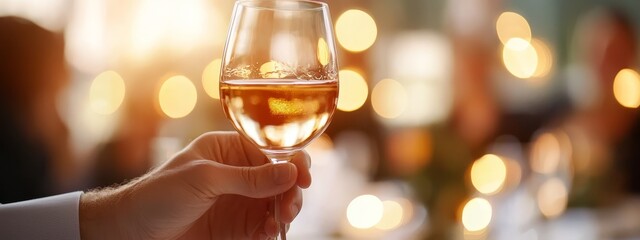Naklejka premium A hand, distinctly holding a glass of wine, is positioned against a blurred backdrop of twinkling lights and a bokeh of soft focus illuminations