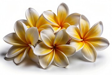Obraz premium Delicate, creamy white frangipani plumeria blooms with yellow centers isolated on a pure white background, showcasing their intricate details and exotic tropical beauty.