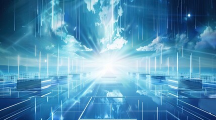Obraz premium Futuristic Vision: Blue Sky, Floating Digital Elements, and Illuminated Sci-Fi Scene with Central Space for Customization