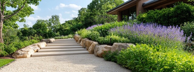  A pathway of purple-flanked steps leads to a house nestled in a verdant, flower-strewn expanse