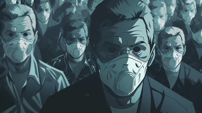 An illustration of a crowd of people wearing face masks.