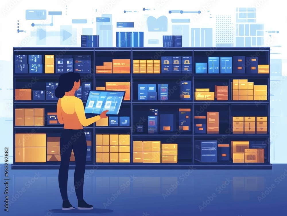 Poster inventory management optimization using data analytics and flat design visualizing supply chain data