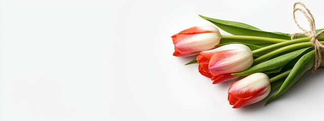  A bouquet of red and white tulips tied with a length of twine against a white background