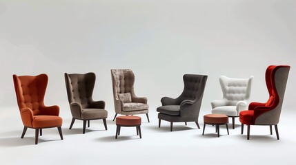 A collection of six armchairs in various colors and styles.