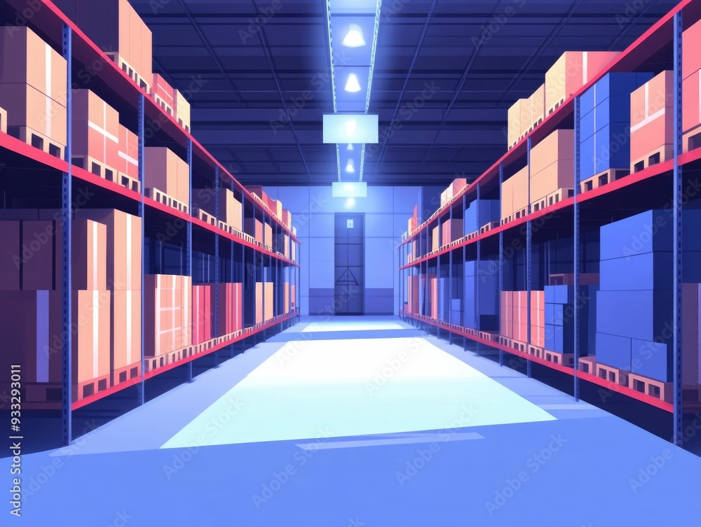 Poster optimizing warehouse storage and logistics solutions for efficient flat design to streamline invento