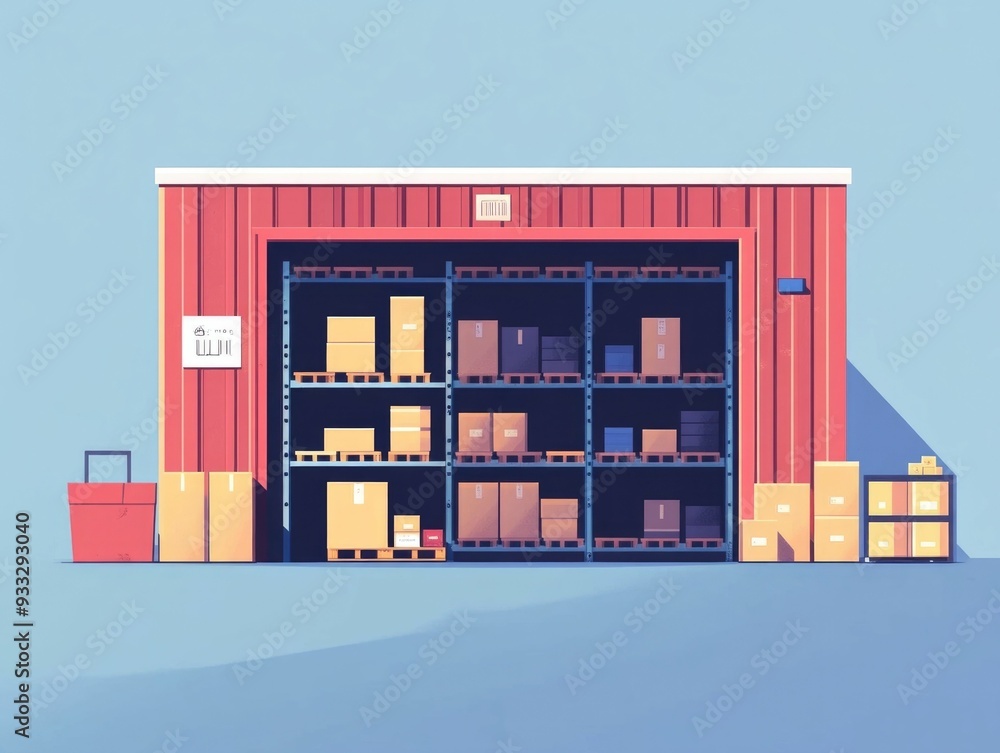 Poster of a modern optimized warehouse storage system utilizing flat design principles to maximize efficien