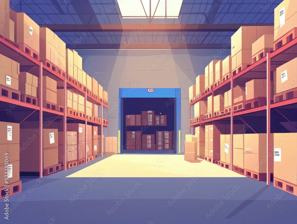 Poster flat design showcasing the optimization of storage space and inventory management in a modern wareho