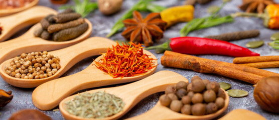 A set of spices on a gray background. Variety of spices from India. Food decoration design. Various spices, peppers and herbs close-up top view. Set of peppers, salt, herbs and spices for cooking.