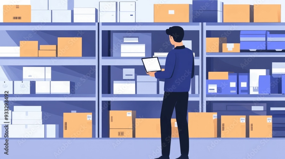 Poster flat design showcasing automated inventory tracking and management system for efficient supply chain
