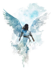 A majestic watercolor illustration of an angelic figure with large, outstretched wings, wearing a flowing robe and standing in a heavenly, ethereal environment, isolated on a white background