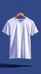 A stylish white t-shirt displayed on a wooden hanger against a vibrant blue background, perfect for fashion promotions.