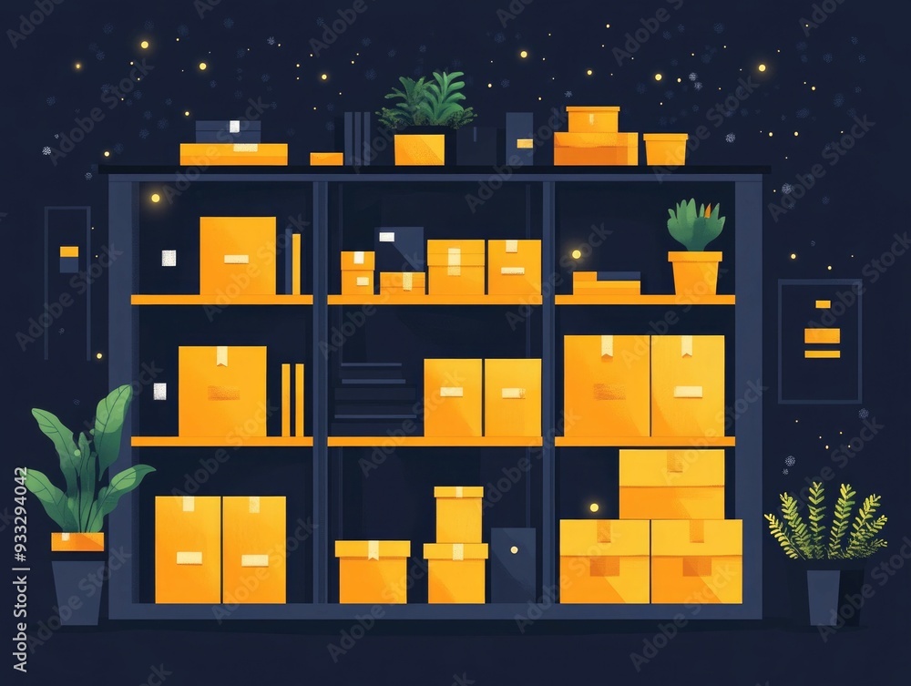Poster flat design showcasing the concept of inventory optimization and reducing carrying costs in a wareho