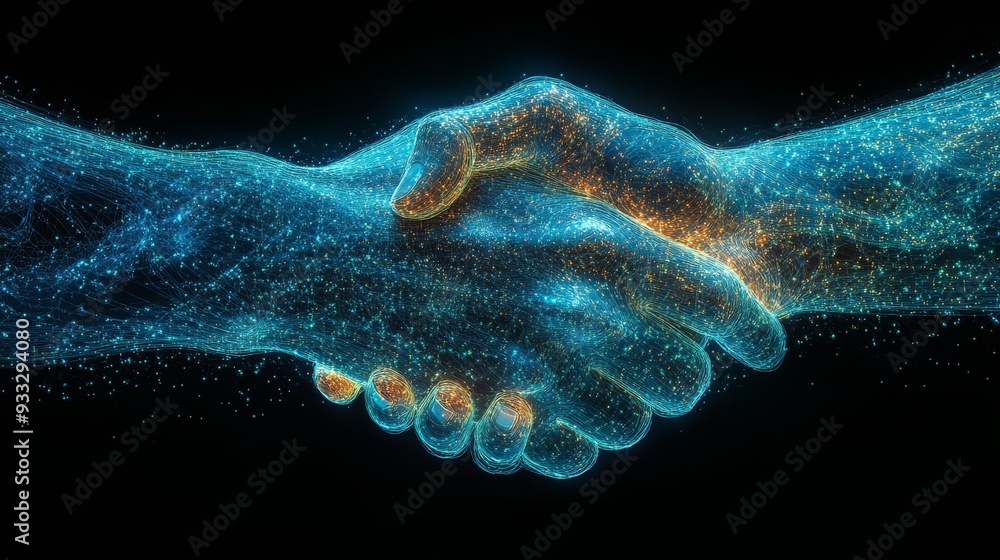 Aufkleber a visual representation of a handshake made of glowing particles, symbolizing partnership and collab