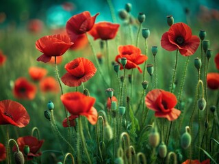 Fototapeta premium Vibrant red poppy flowers sway gently in the breeze, blanketing a lush green meadow with a stunning display of natural beauty and serenity.