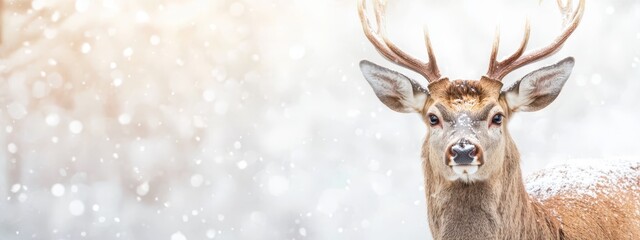  A tight shot of a deer, snowflakes landing on its head and antlers against a winter backdrop