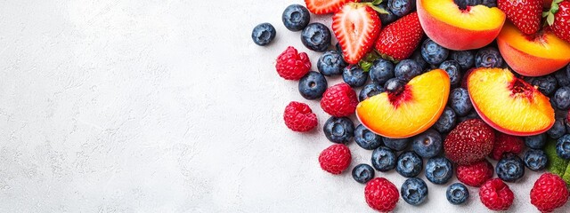 blueberries, peaches, raspberries, and strawberries atop a white surface