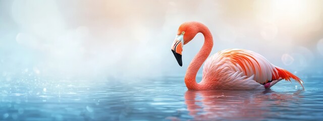  A flamingo with its beak in the water, submerging its head