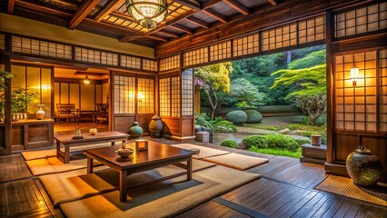 Fototapeta premium Soft glow of lanterns illuminates traditional Japanese architecture, warm woods, and rustic charm, transporting visitors to a serene space for a tranquil tea ceremony experience.