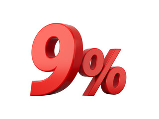 3d Red 9% Nine Percent Sign on White Background 3d illustration
