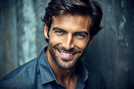A charismatic actor, known for his rugged charm, smiles brightly, his chiseled features and piercing eyes radiating confidence and charisma, against a cinematic backdrop.
