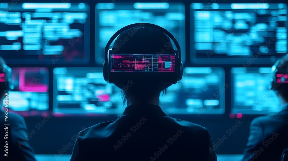 Poster hacker in vr headset - neon blue tech security