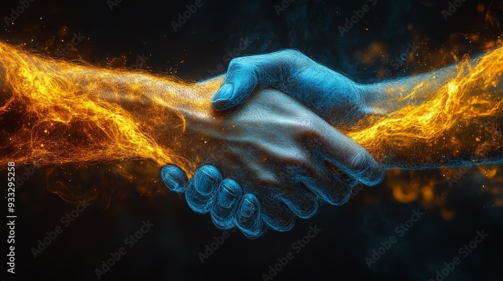 Poster a dynamic handshake between two hands, one engulfed in flames and the other radiating a cool blue gl