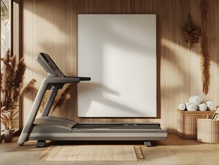 Cozy and Wellness-Focused Home Gym Mockup with Vintage-Inspired Treadmill,Rustic-Chic Decor,and Color Accent Wall in a Warm,Inviting Interior Design Style.