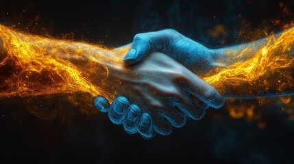 A dynamic handshake between two hands, one engulfed in flames and the other radiating a cool blue glow, representing unity and duality.