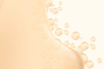 Abstract nude beige liquid lotion or serum background with copy space. Fluid bubbles or droplet flow, fluid collagen texture wallpaper. Beauty product presentation, cosmetic promotion, banner