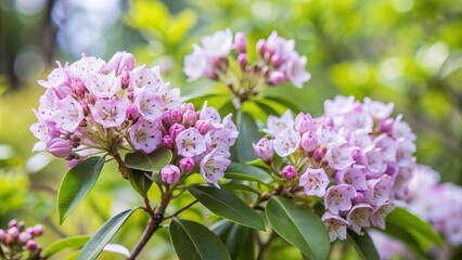 Softly focused mountain laurel kalmia latifolia bush blooms with delicate pink flowers against a blurred green background, creating a serene and peaceful atmosphere.