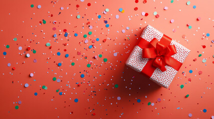 Obraz premium Coral-colored background with red-ribboned gift box and colorful confetti