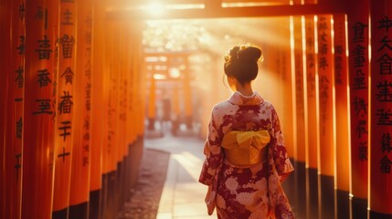 Woman in Kimono Walking Through a Gate of Red Torii in Japan