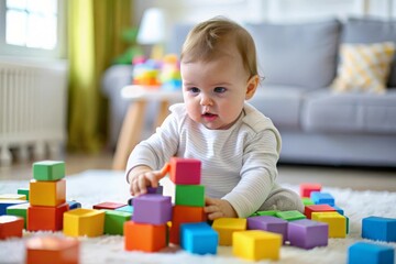Baby with Colorful Blocks - A baby surrounded by colorful blocks, exploring and playing with them.

