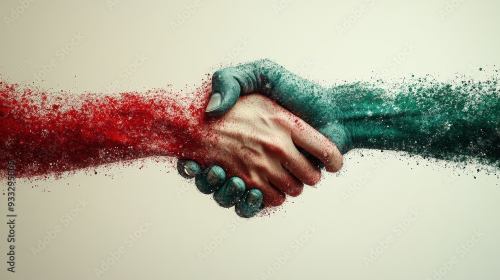 Poster two hands shake in a burst of red and green particles, representing collaboration and unity, set aga