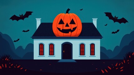 Fototapeta premium Spooky Haunted Mansion with Giant Cartoon Pumpkin on Roof and Bats Flying - Halloween Themed Illustration with Copy Space in Ultra HD Quality