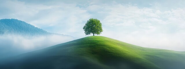 Fototapeta premium A solitary tree atop a verdant hill, framed by foggy sky and distant mountains