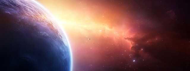 Obraz premium An artist's depiction of a far-off planet with a near star in the foreground and a distant star in the background