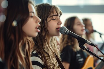Girl band singing in school