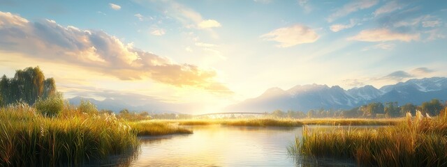 Fototapeta premium A sunset painting over a tranquil lake Tall grass in foreground Mountains backdrop