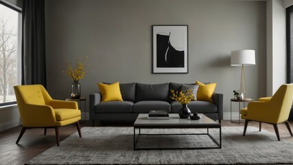 a minimalist modern living room with gray sofa and yellow armchair