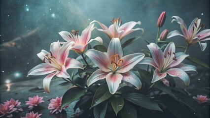 Soft pink watercolor texture background adorned with delicate pink leaves and lilies, evoking a sense of whimsy and serenity in a dreamy, ethereal atmosphere.