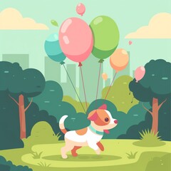 Naklejka premium A cheerful dog carrying colorful balloons, enjoying a sunny day in a vibrant park surrounded by trees and greenery.