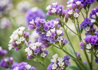 Obraz premium Softly focused limonium statice flowers in shades of purple and white, subtly faded with a warm, nostalgic film filter effect, against a gentle blurred background.