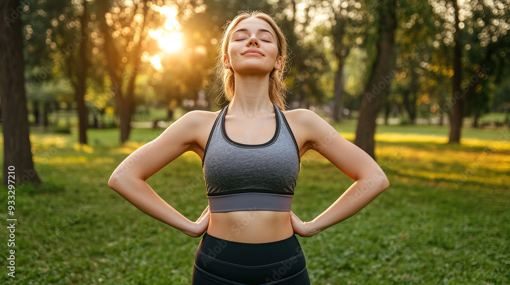 Wall mural close-up of a radiant young woman in workout clothes basking in sunlight, standing in a park with he