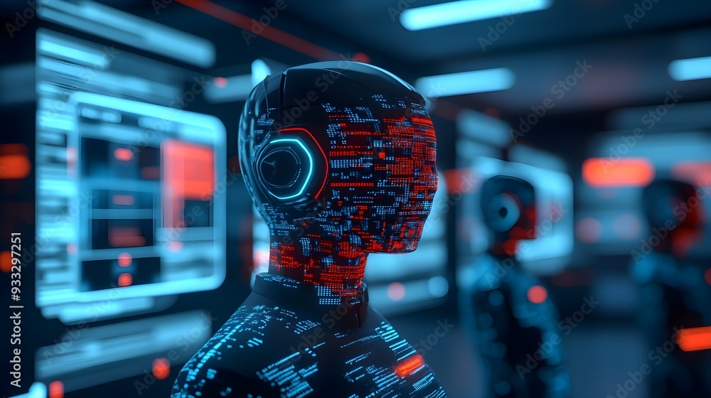 Poster futuristic ai robot with glowing data interface
