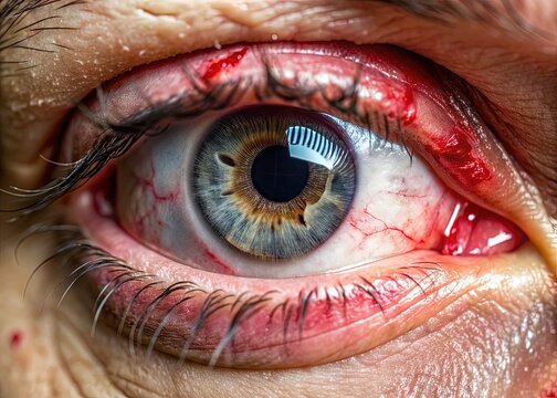 A close-up of a damaged human eye with a severe laceration, redness, and swelling, conveying a sense of pain and traumatic injury.