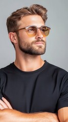 Obraz premium Stylish man wearing sunglasses and a black shirt, exuding confidence with a thoughtful expression against a neutral background.