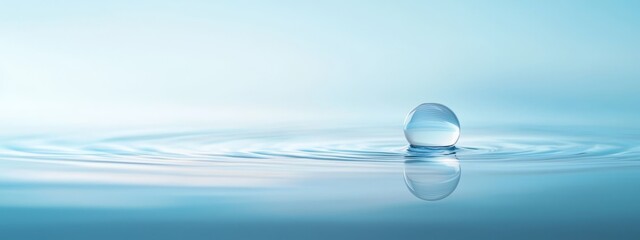  A tight shot of a water droplet hovering above a body of water's surface, surrounded by a blue expanse of sky