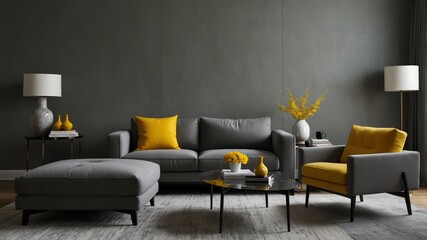 a minimalist modern living room with gray sofa and yellow armchair